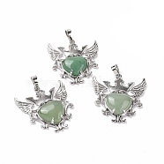 Natural Green Aventurine Pendants, Eagle with Heart Charms, with Rack Plating Platinum Tone Brass Findings, 36.5x33.3x6~7mm, Hole: 8x5mm(G-P496-04P-17)