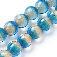 Lampwork Silver Foil Glass Beads Strands, with Gold Powder, Round, Deep Sky Blue, 12~12.5x11~12mm, Hole: 1.5mm, about 30pcs/strand, 13.5 inch(34.5cm)(FOIL-G028-01C)