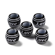 Spray Printed Opaque Acrylic European Beads, Large Hole Beads, Barrel with Word Love, White, 9x8mm, Hole: 5mm, about 2000pcs/500g(SACR-P031-33B-01)