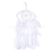 Handmade Eye Woven Net/Web with Feather Wall Hanging Decoration, with Wooden/Plastic Beads, for Home Offices Amulet Ornament, White, 410mm(HJEW-K035-01)