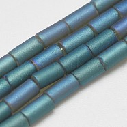 Electroplate Glass Beads Strands, Rainbow Plated, Frosted, Tube, Light Sea Green, 4~5x2~3mm, Hole: 0.5mm, about 100pcs/strand, 19.68 inch(EGLA-Q080-05)