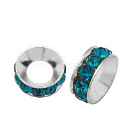 Brass Rhinestone Spacer Beads, Grade A, Rondelle, Silver Color Plated, Blue Zircon, 9x4mm(RB-A020-9mm-06S)