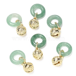 Natural Green Aventurine Donut Pendant Decorations, with Brass Bell Charm, Real 14K Gold Plated, 22mm, Hole: 6mm(G-G008-02G)