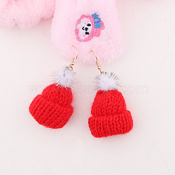 Christmas Iron & Polyester Dangle Earrings, Woven Hat, Golden, Red, 65x30mm(FS-WG166E8-01)