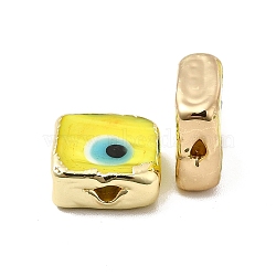 Brass Enamel Beads, Long-Lasting Plated, Real 18K Gold Plated, Square with Evil Eye Pattern, Yellow, 10~11x10~11x4.5~5.5mm, Hole: 1.6~1.8mm(KK-F842-02C)