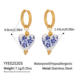 Stainless Steel Ceramic Hoop Earrings, Real 18K Gold Plated, Heart, 40x14.2mm(AZ9482-5)