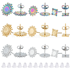 18Pcs 9 Style Square & Sun 304 Stainless Steel Stud Earring Findings, Earring Settings with Round Tray, with Ear Nuts, Mixed Color, Tray: 4~6mm, 7~14.5x7~14.5mm, Pin: 0.7mm, 2Pcs/style(STAS-UN0046-39)