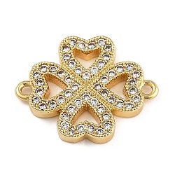 Rack Plating Brass Micro Pave Clear Cubic Zirconia Clover Connector Charms, Long-Lasting Plated, Lead Free & Cadmium Free, Real 18K Gold Plated, 16x19.5x2.5mm, Hole: 1.2mm(KK-A234-042G)