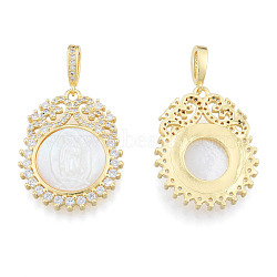 Brass Micro Pave Clear Cubic Zirconia Pendants, with Shell, Nickel Free, Real 18K Gold Plated, Flat Round with Saint, Creamy White, 29x23x4mm, Hole: 3x6mm(KK-N227-135)