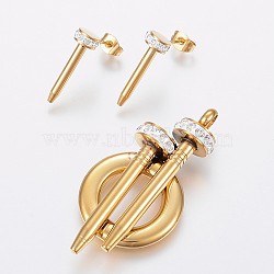 304 Stainless Steel Jewelry Sets, Pendants and Stud Earrings, with Polymer Clay Rhinestone, Golden, 50x25x12mm, Hole: 5mm; 20x7mm, Pin: 0.8mm(SJEW-P095-03G)