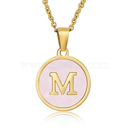 Natural Shell Initial Letter Pendant Necklace, with Golden Stainless Steel Cable Chains, Letter M, 17.72 inch(45cm)(LE4192-3)