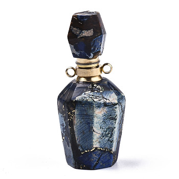 Assembled Synthetic Pyrite and Imperial Jasper Openable Perfume Bottle Pendants, with Brass Findings, Dyed, Dark Blue, capacity: 1ml(0.03 fl. oz), 41~42x17~18x17~18mm, Hole: 1.8mm, Capacity: 1ml(0.03 fl. oz)