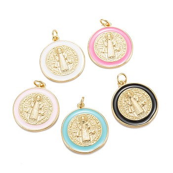 Brass Enamel Pendants, Real 18K Gold Plated, Long-Lasting Plated, Saint Benedict Medal Charms, Golden, Mixed Color, 23.5x20.5x2mm, Hole: 3mm, Jump Ring: 5x0.8mm