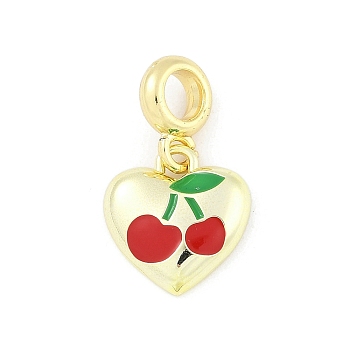 Brass Red Enamel Heart European Dangle Charms, Large Hole Pendants, Real 18K Gold Plated, Cherry, 25.5mm, Hole: 4.5mm