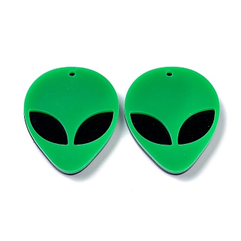 Opaque Acrylic Pendants, Alien Face, Green, 35.5x29.5x4mm, Hole: 1.8mm