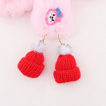 Christmas Iron & Polyester Dangle Earrings, Woven Hat, Golden, Red, 65x30mm