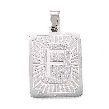 304 Stainless Steel Pendants, Rectangle with Alphabet, Letter.F, 30x20x1.5mm, Hole: 3x6mm
