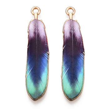 Rack Plating Alloy Pendants, Printed, Lead Free & Cadmium Free & Nickel Free, Feather Charm, Light Gold, Purple, 38x9x1.5mm, Hole: 1.8mm