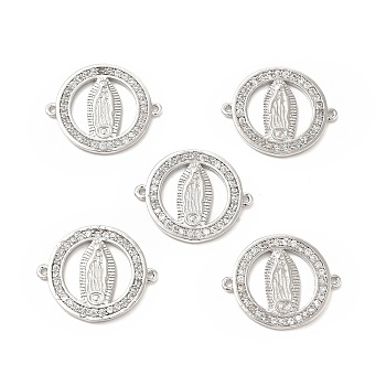 Brass Micro Pave Clear Cubic Zirconia Connector Charms, Flat Round Links with Virgin Pattern, Religion, Platinum, 24x20x2mm, Hole: 1mm