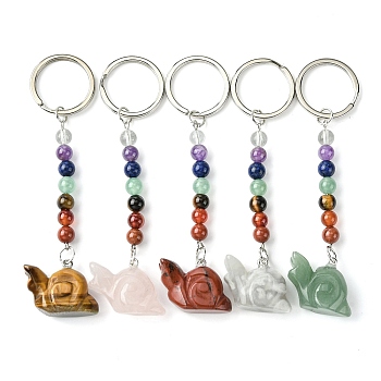 Snail Natural Gemstone Keychain, with 7 Chakra Beads and Iron Key Rings, for Women Men Hanging Car Bag Charms, 10.1~10.2cm