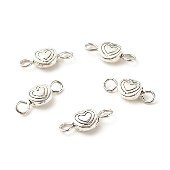 Tibetan Style Alloy Connector Charms, with 304 Stainless Steel Loops, Flat Round with Heart, Antique Silver & Stainless Steel Color, 14x6x3mm, Hole: 2mm