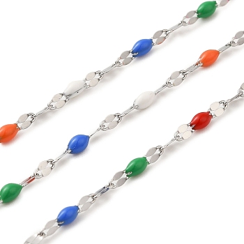 304 Stainless Steel Enamel Oval Dapped Chains, Soldered, with Spool, Stainless Steel Color, 4x2x0.1mm