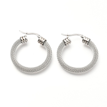 304 Stainless Steel Mesh Hoop Earrings, Round Ring Shape, Stainless Steel Color, 36x32x5.9mm, Pin: 0.7mm
