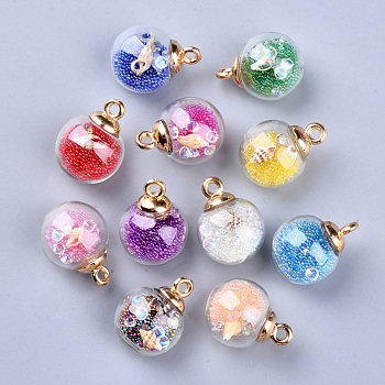 Transparent Glass Globe Pendants, with Resin & Resin Rhinestone & Conch Shell & Glass Micro Beads inside, Plastic CCB Pendant Bails, Round, Golden, Mixed Color, 21.5x16mm, Hole: 2mm