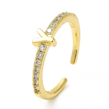 Clear Cubic Zirconia Initial Letter Open Cuff Ring, Real 18K Gold Plated Brass Jewelry for Women, Cadmium Free & Nickel Free & Lead Free, Letter.Y, US Size 7 3/4(17.9mm)