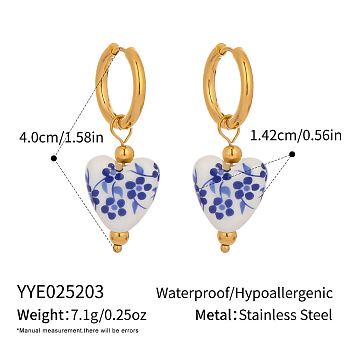 Stainless Steel Ceramic Hoop Earrings, Real 18K Gold Plated, Heart, 40x14.2mm