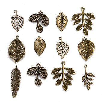 Mixed Style Tibetan Style Alloy Leaf Pendants, Antique Bronze, 19~47x10~26x2~4mm, Hole: 2~4mm, about 50pcs/100g