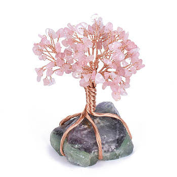 Natural Rose Quartz Chips and Fluorite Pedestal Display Decorations, with Rose Gold Tone Aluminum Wires, Lucky Tree, 120~150x65~80x52~72mm