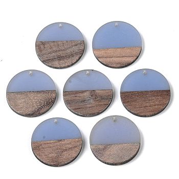 Transparent Resin & Walnut Wood Pendants, Flat Round, Light Steel Blue, 28.5x3.5~4mm, Hole: 1.5mm