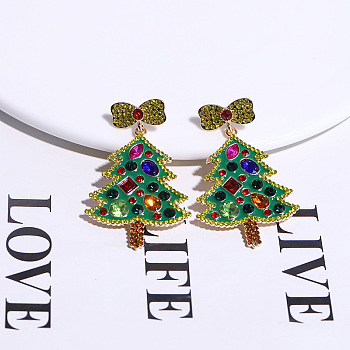 Christmas Trees with Bowknot Alloy Dangle Stud Earrings for Women, with 316 Surgical Stainless Steel Pins & Plastic & Acrylic, Green, 53x33mm