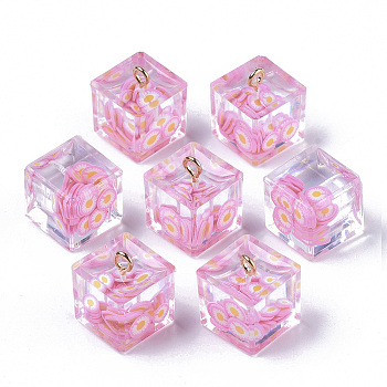 Transparent Epoxy Resin Pendants, with Polymer Clay Inside and Golden Plated Iron Loop, Cube with Daisy Inside, Pearl Pink, 17x14x14mm, Hole: 2mm