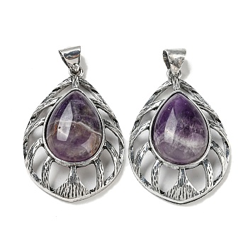 Natural Amethyst Pendants, Antique Silver Plated Alloy Teardrop Charms, 48.5x33x12~13mm, Hole: 8x6.5mm