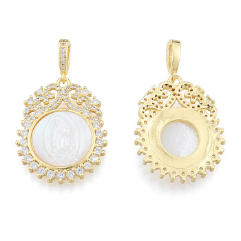 Brass Micro Pave Clear Cubic Zirconia Pendants, with Shell, Nickel Free, Real 18K Gold Plated, Flat Round with Saint, Creamy White, 29x23x4mm, Hole: 3x6mm