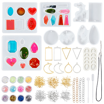 Olycraft DIY Jewelry Kit, with Pendant Silicone Molds, Brass Earring Hooks, Waxed Cotton Cord Necklace, Alloy Open Back Bezel Pendants, Sequins, Iron Chain Extender, White, 72x35x10mm