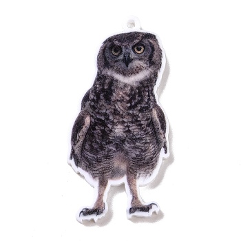 Printed Opaque Acrylic Pendants, Animal Theme, Owl, 40x20x2.5mm, Hole: 1.5mm
