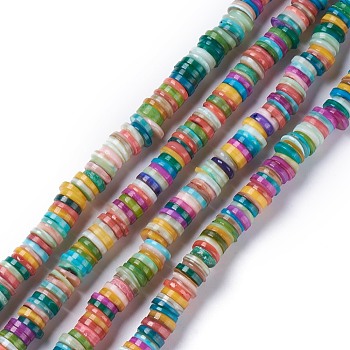 Natural Freshwater Shell Beads Strands, Dyed, Heishi Beads, Flat Round/Disc, Mixed Color, 8~8.5x1~3mm, Hole: 1mm, about 210pcs/strand, 15.39 inch(39.1cm)