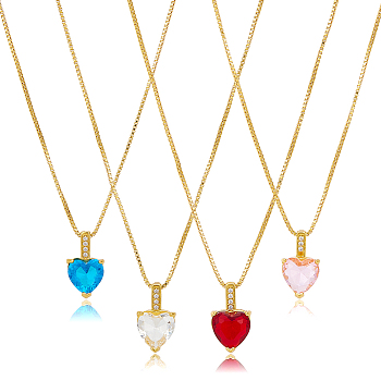 4Pcs 4 Colors Cubic Zirconia Heart Pendant Necklaces Set with Golden Brass Box Chains, Mixed Color, 16.50 inch(41.9cm), 1Pc/color