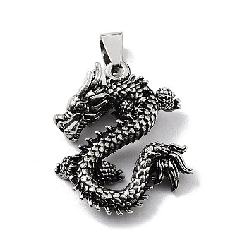 Tibetan Style Alloy Pendants, Dragon Charms, Antique Silver, 31.5x24.5x7mm, Hole: 8x4.5mm