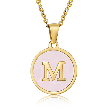 Natural Shell Initial Letter Pendant Necklace, with Golden Stainless Steel Cable Chains, Letter M, 17.72 inch(45cm)