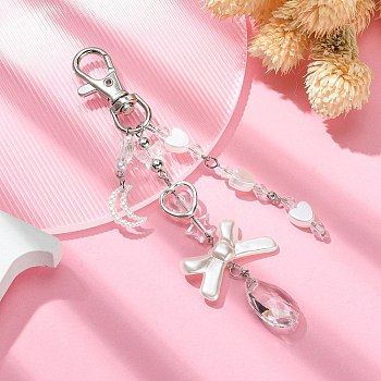 ABS Plastic Imitation Pearl & Glass Pendant Keychains, with Alloy Swivel Lobster Claw Clasp, for Car Key Bag Decoration, Teardrop/Bowknot, Seashell Color, 12.5cm