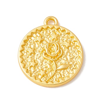 Alloy Pendant, Flat Round with Rose & Star, Matte Gold Color, 20x18x2mm, Hole: 1.5mm