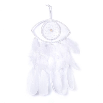 Handmade Eye Woven Net/Web with Feather Wall Hanging Decoration, with Wooden/Plastic Beads, for Home Offices Amulet Ornament, White, 410mm