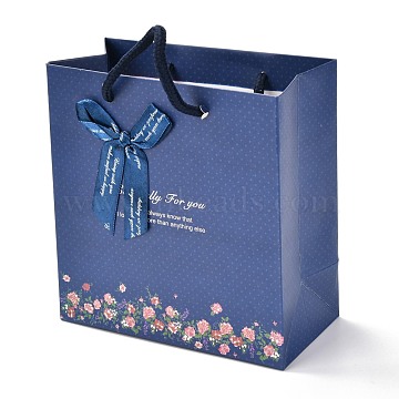Rectangle Paper Bags, with Cotton Rope Handles and Bowknot Ribbon, Floral & Word Pattern, for Gift Bags and Shopping Bags, Prussian Blue, 14x7.1x14.5cm(CARB-J002-01C-01)