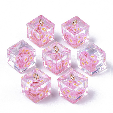 Golden Pearl Pink Cube Iron+Resin Pendants
