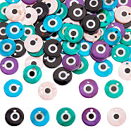 80Pcs 5 Colors Printed Freshwater Shell Charms, Flat Round with Evil Eye, Mixed Color, 12~13x1.5~3mm, Hole: 1.5~1.8mm, 16pcs/color(SHEL-AR0001-12)