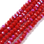 Electroplate Opaque Solid Color Glass Beads Strands, Half Rainbow Plated, Faceted, Rondelle, Dark Red, 10x8mm, Hole: 1mm, about 63~65pcs/strand, 19.2~20 inch(48~50cm)(EGLA-A034-P10mm-L04)